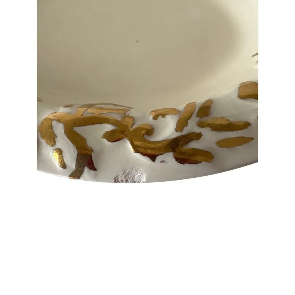 Vintage Ivory Ceramic Catchall Trinket Dish Raised Gold Gilt Footed Oval 6”